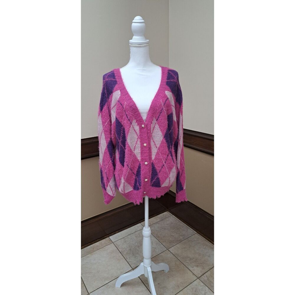 Umgee NWT Argyle Cardigan Sweater| L | Pink & Purple| Academia Preppy Romantic